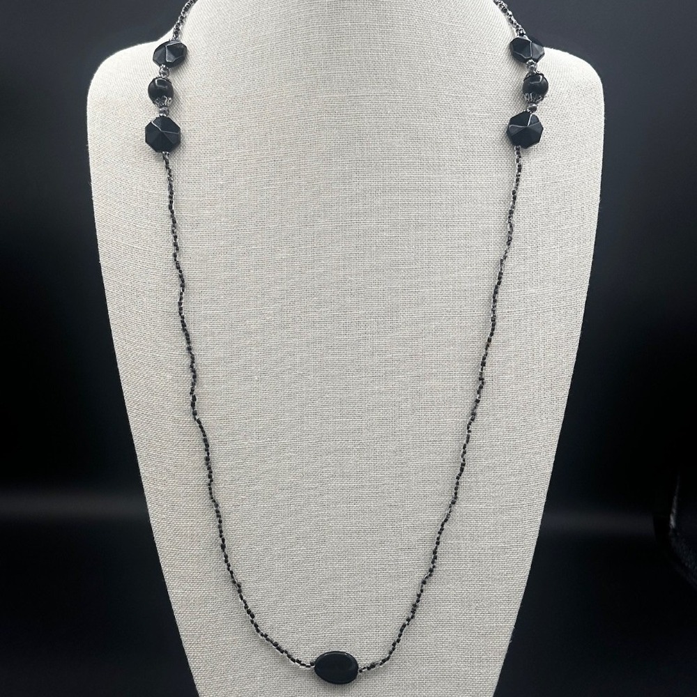 Vintage Black Beaded Long Necklace‎ w/ Geometric Accents Minimalist Chic